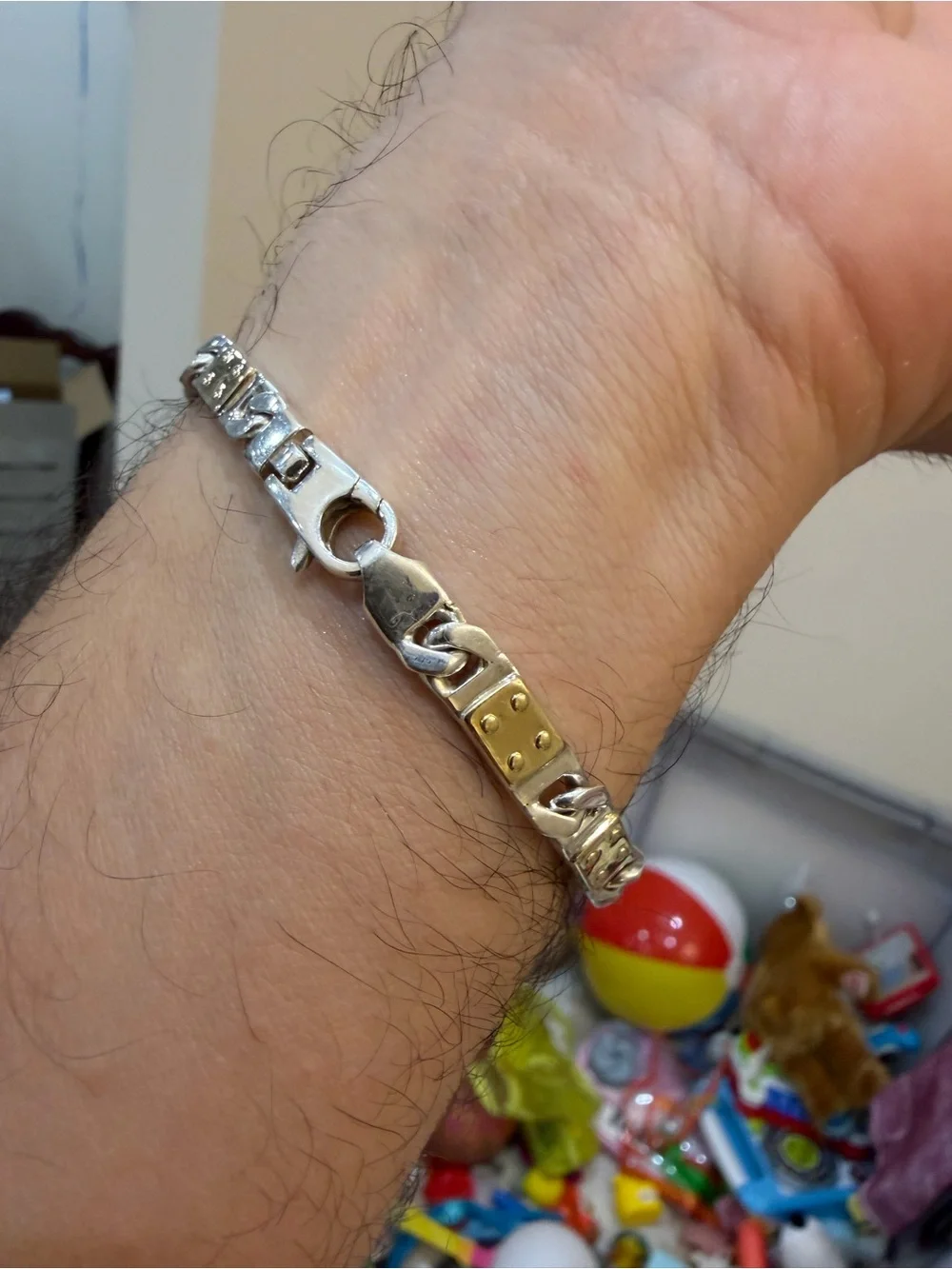 Italian Mens Sterling Silver Solid 18K Gold Link Bracelet 25.2g Heavy 925 750